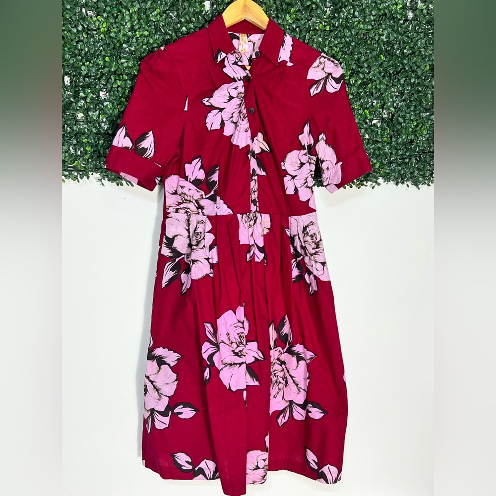 Maeve Red Midi Dress with Pink Floral Print